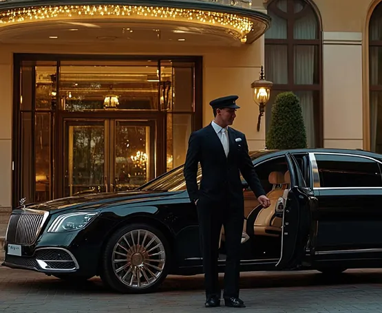 Luxury transportation service with a chauffeur welcoming guests by an elegant vehicle at a venue.