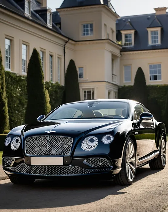 Black Bentley parked at a business location, perfect for corporate transportation services.