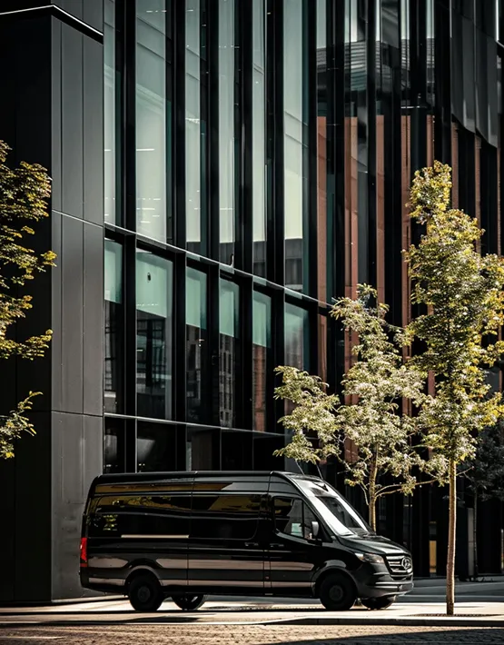 Black shuttle van parked by tall glass buildings and trees in the city.