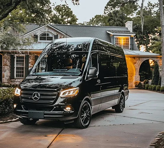 Luxury shuttle service van parked in front of an elegant home, ready for transportation.